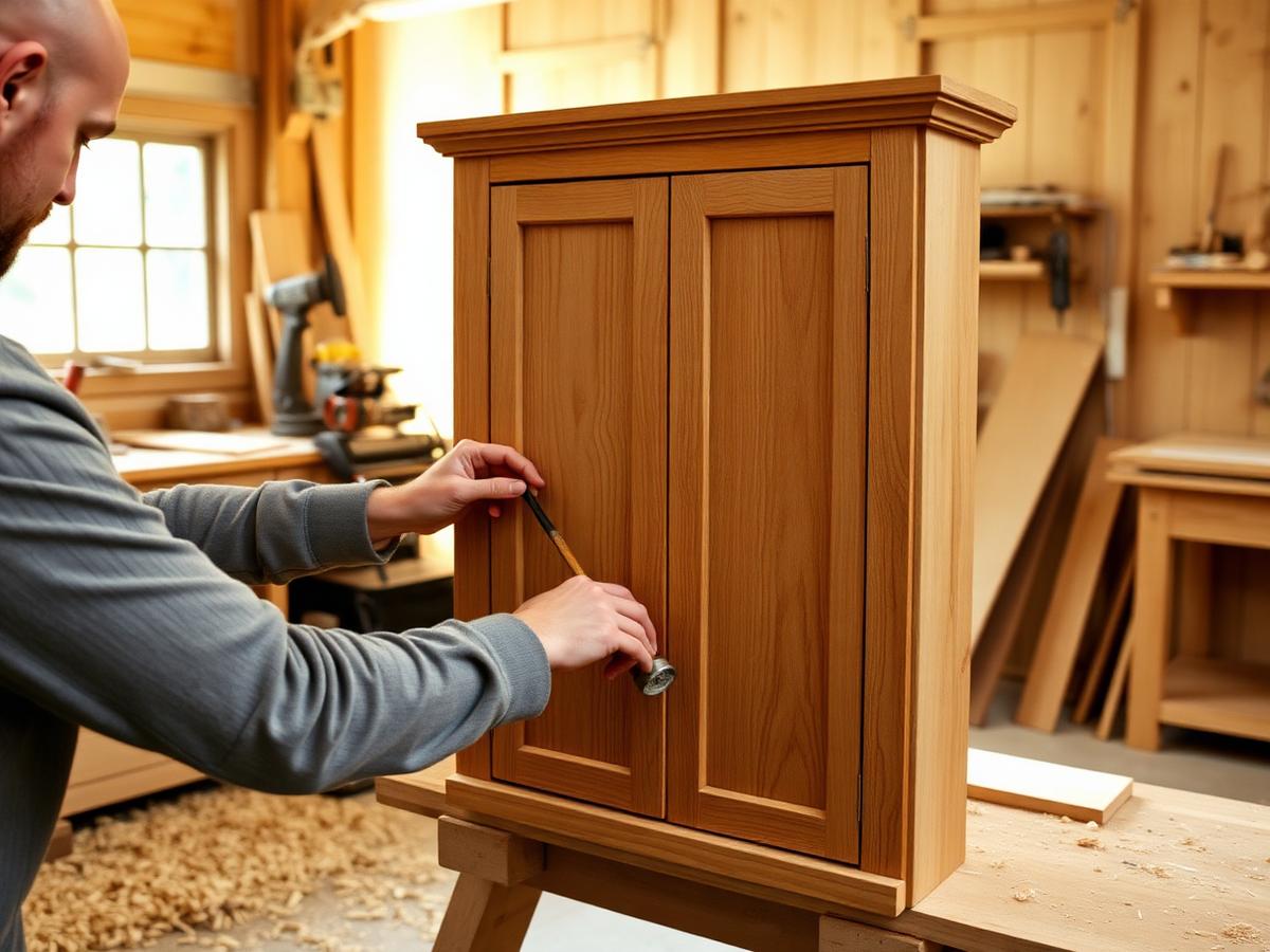 Craftsman finishing a solid oak cabinet in a workshop
